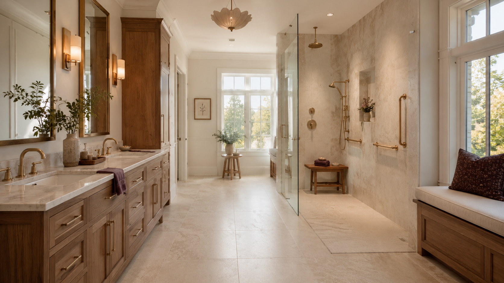 Luxury River Oaks Age in Place bathroom with zero-threshold shower and discreet integrated supports