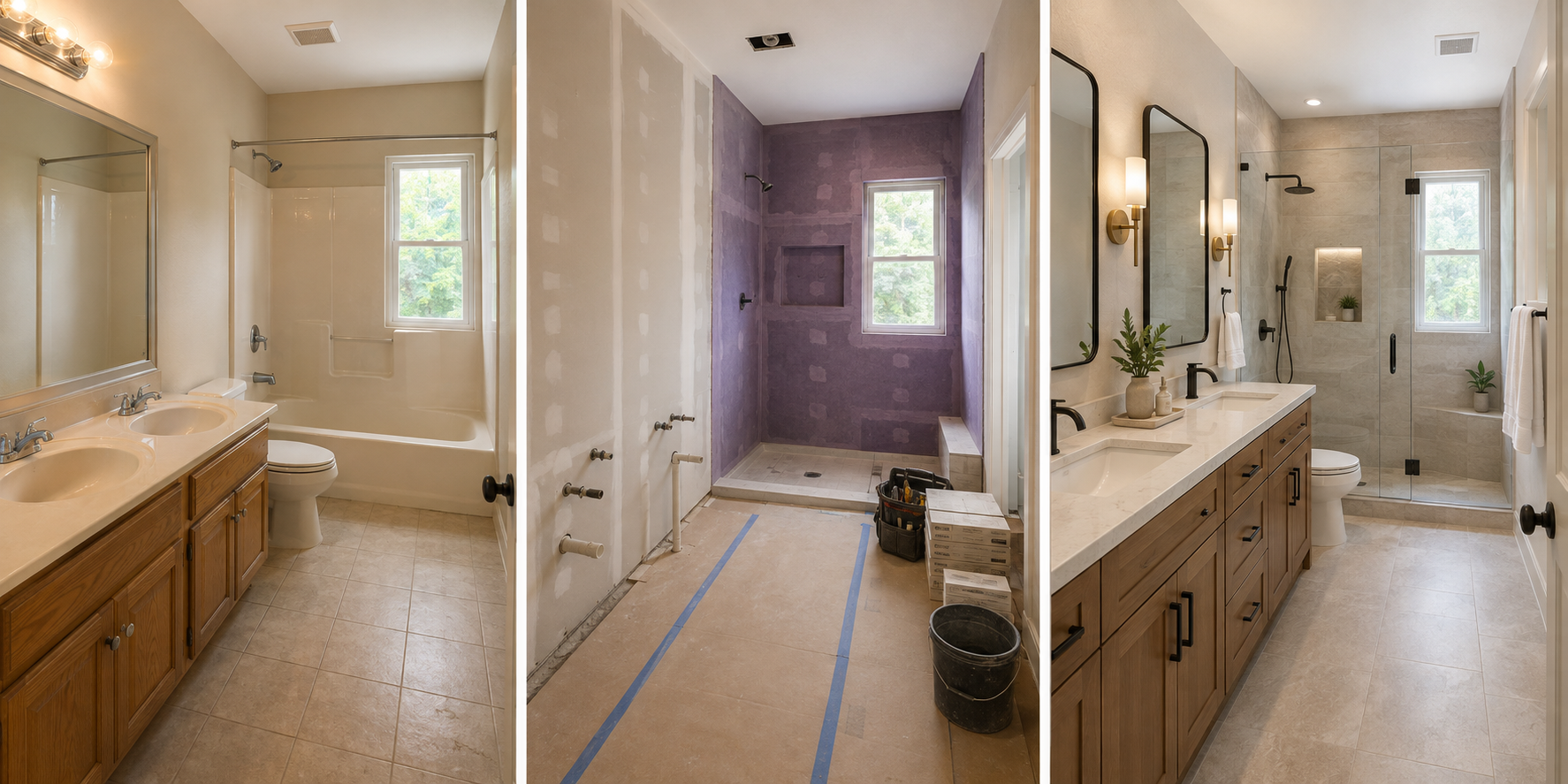 Conceptual bathroom renovation before, during, and after