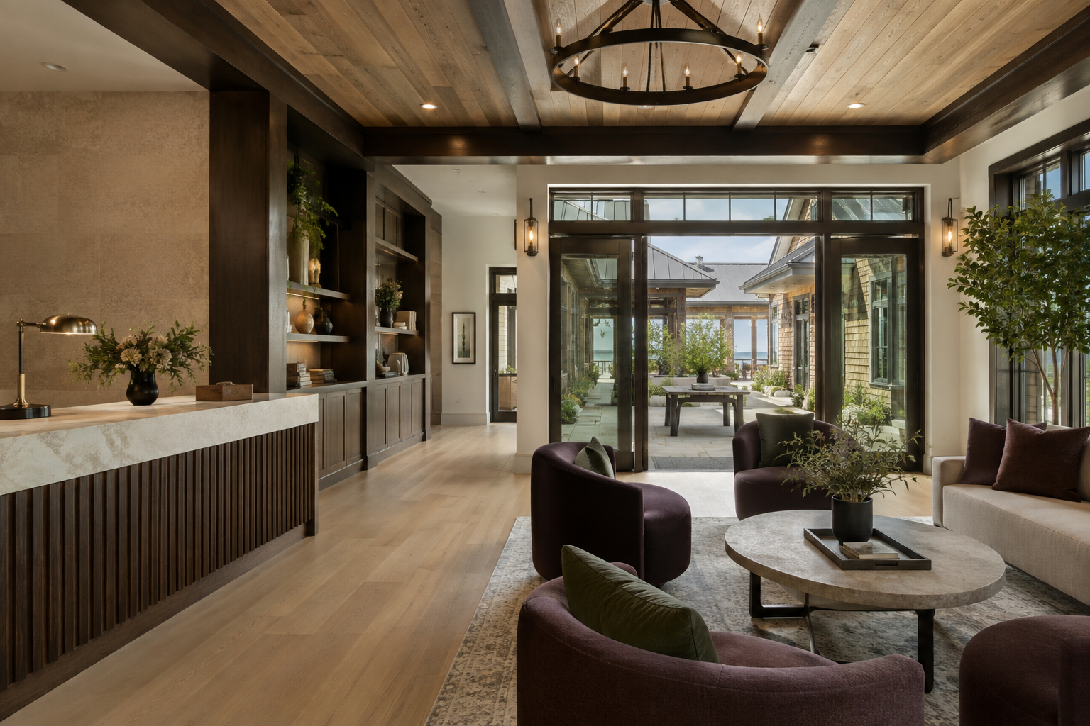 Upscale Delaware commercial interior with custom woodwork, natural stone and a refined client reception area