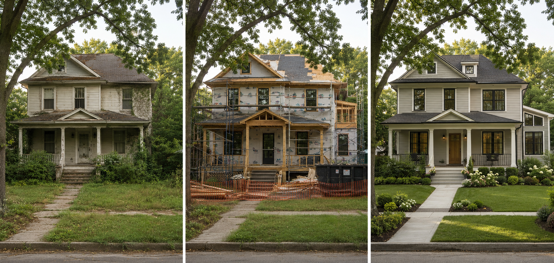 Conceptual three-stage whole-home renovation from original condition through construction to completion